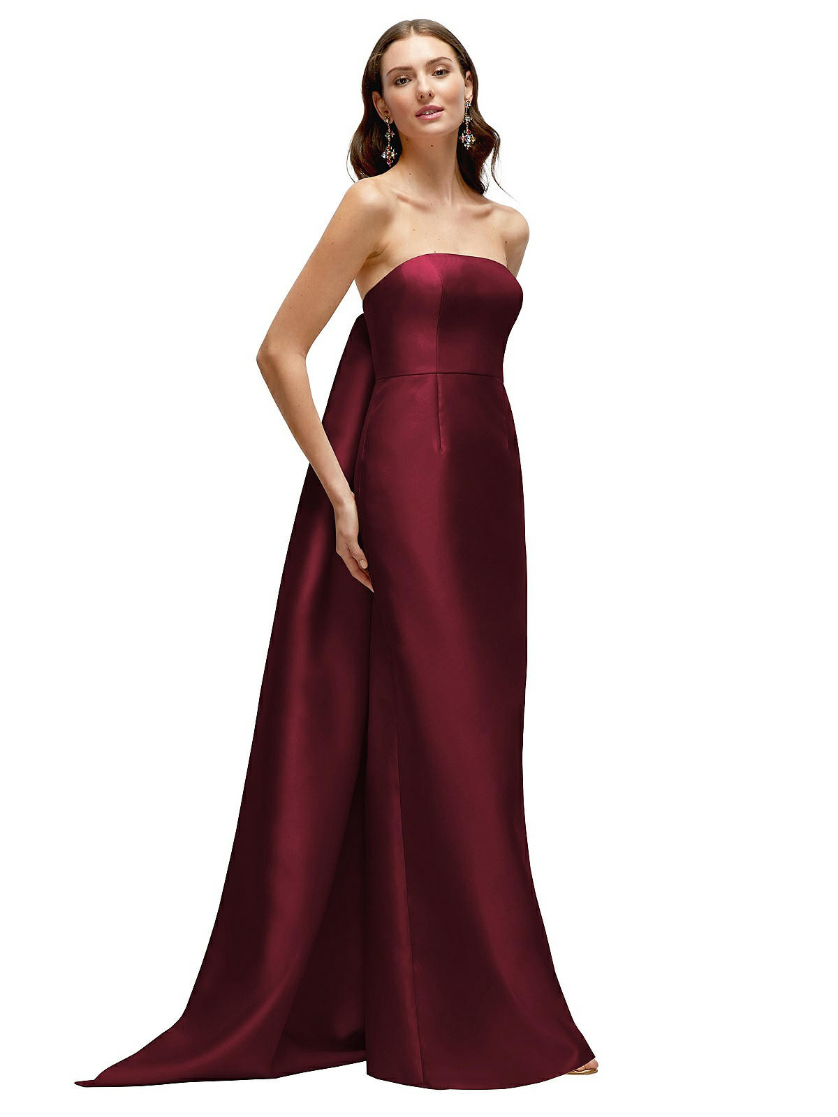 Strapless Satin Column Dress with Removeable Watteau Train in Cabernet | Dessy Group