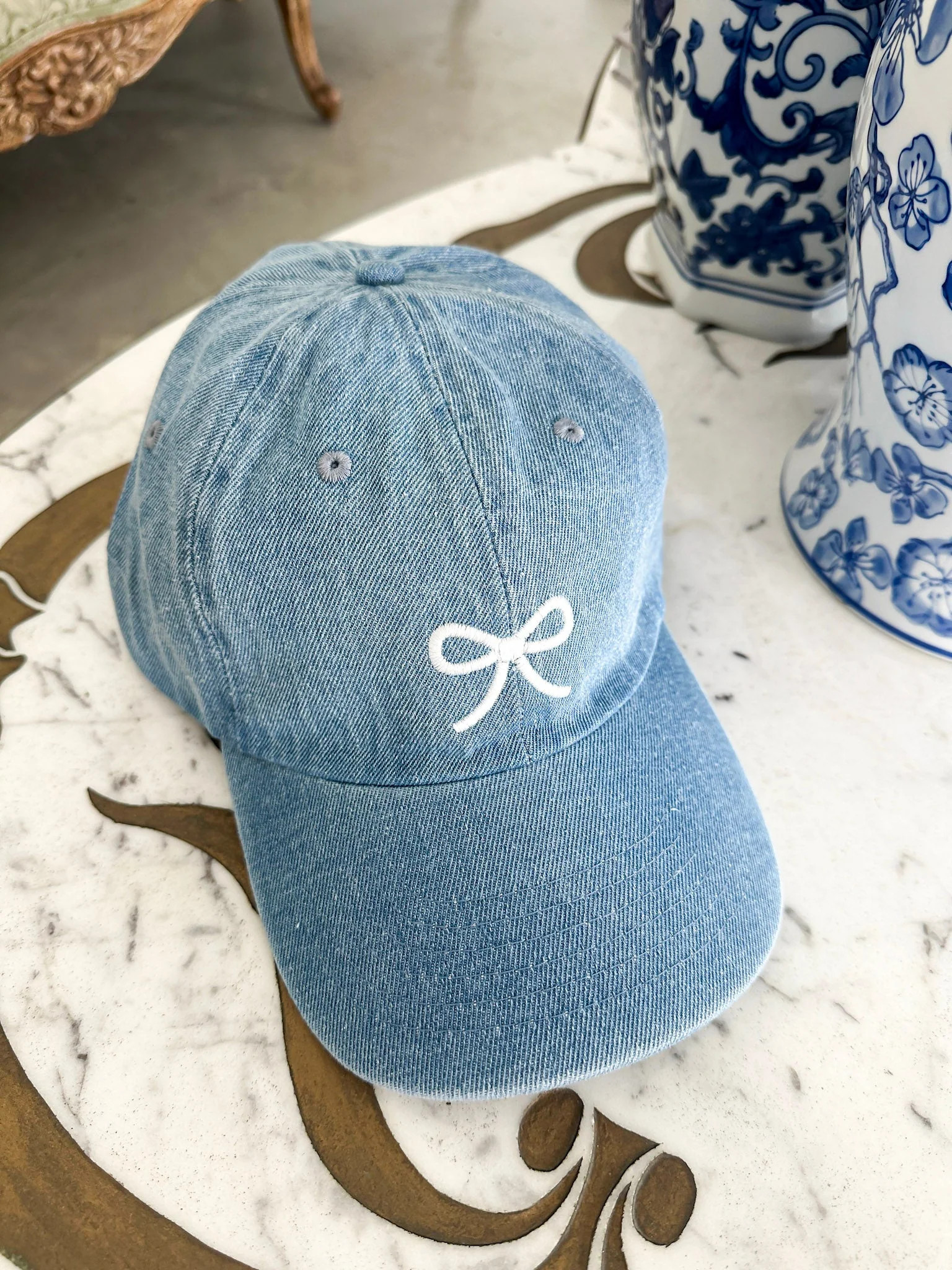 Light Denim Bow Embroidered Baseball Hat | Flourish in Frills