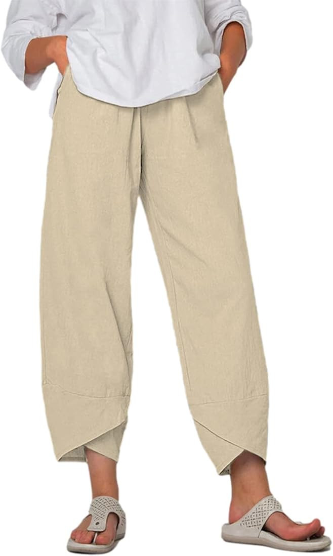 Womens Linen Pants Summer Casual Capri Pants Wide Leg Tulip Hem Cropped Pants Tapered Pants | Amazon (US)