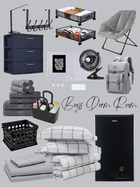 Boys dorm room decor: felt bulletin board, fan, storage, mini fridge, comforter, sheets, showers caddy, towels, dorm chair, under bed storage, table light and charger. 

#LTKfamily #LTKhome #LTKFind