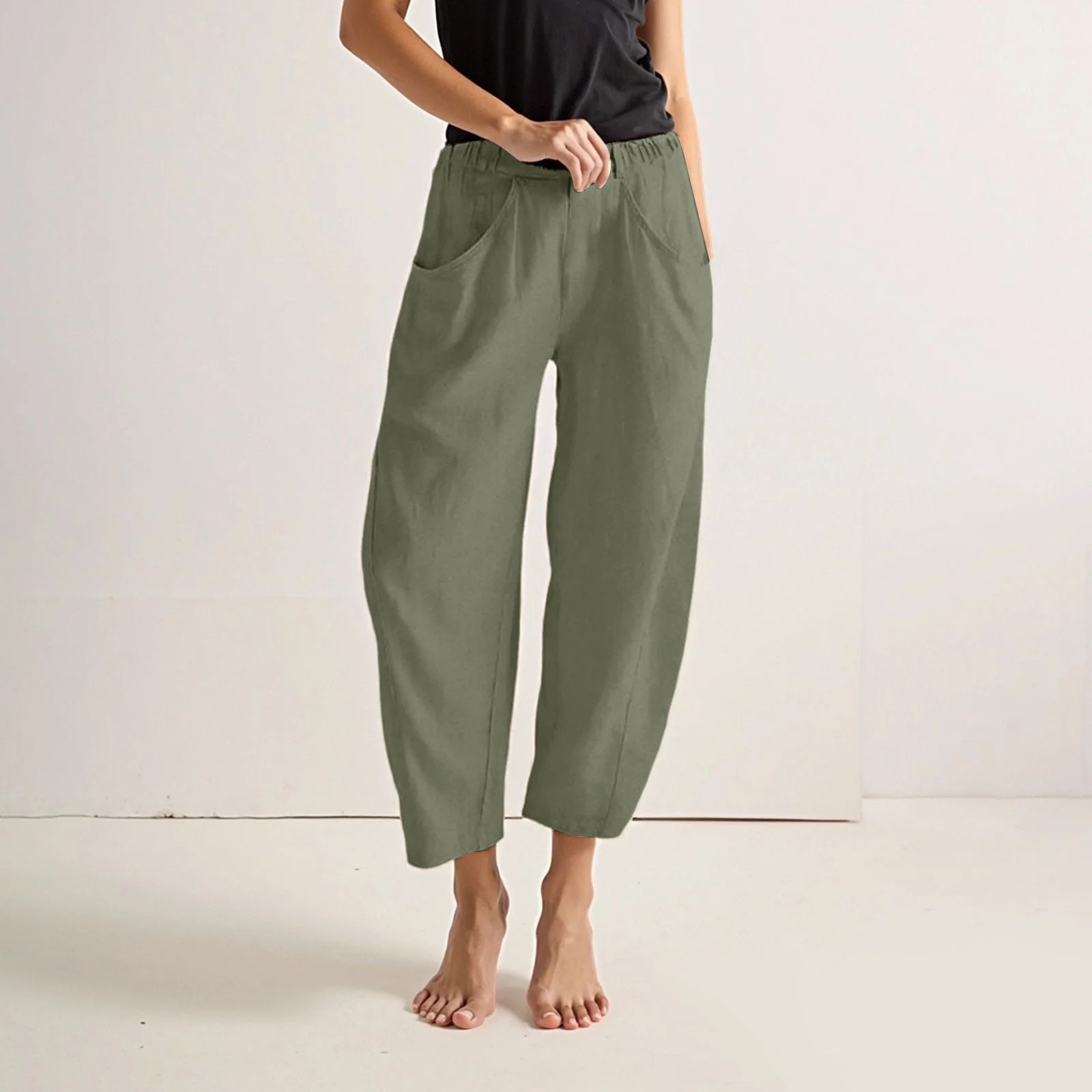 HOWPAY Linen Pants Women Casual Relaxed Fit Wide Leg High Waist Elastic Palazzo Trousers with Poc... | Walmart (CA)