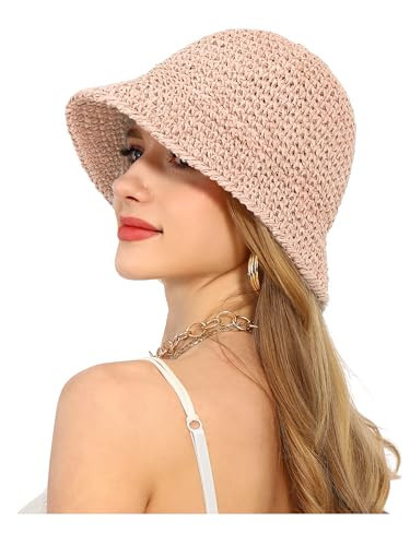 Rulala Fancy Womens Sun Hat Handmade Straw Bucket UV Protection Wide Brim Packable Travel Summer Cap for Beach UPF 50+(Pale Dogwood) | Amazon (US)