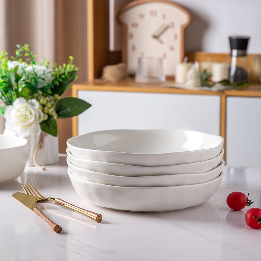 9.75 "Ceramic Flat Pasta Bowls, Wavy Rim 38oz Large Bowls Set of 4 for Kitchen,Modern Porcelain S... | Amazon (US)