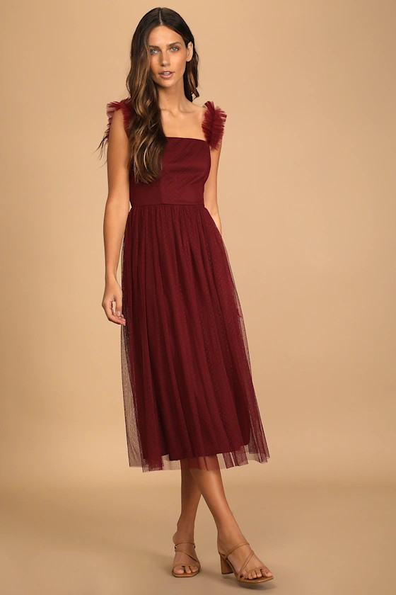 Divine Invitation Burgundy Tulle Swiss Dot Ruffled Midi Dress | Lulus (US)
