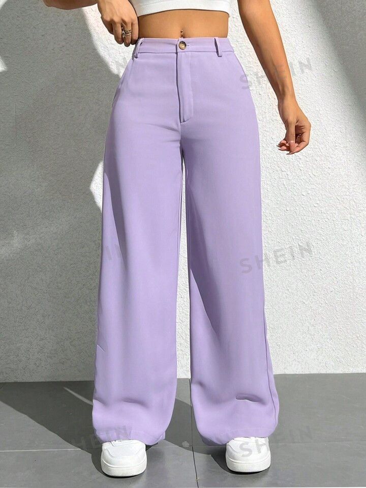 SHEIN PETITE Women's Solid Color Straight Leg Casual Pants With Pockets | SHEIN USA | SHEIN