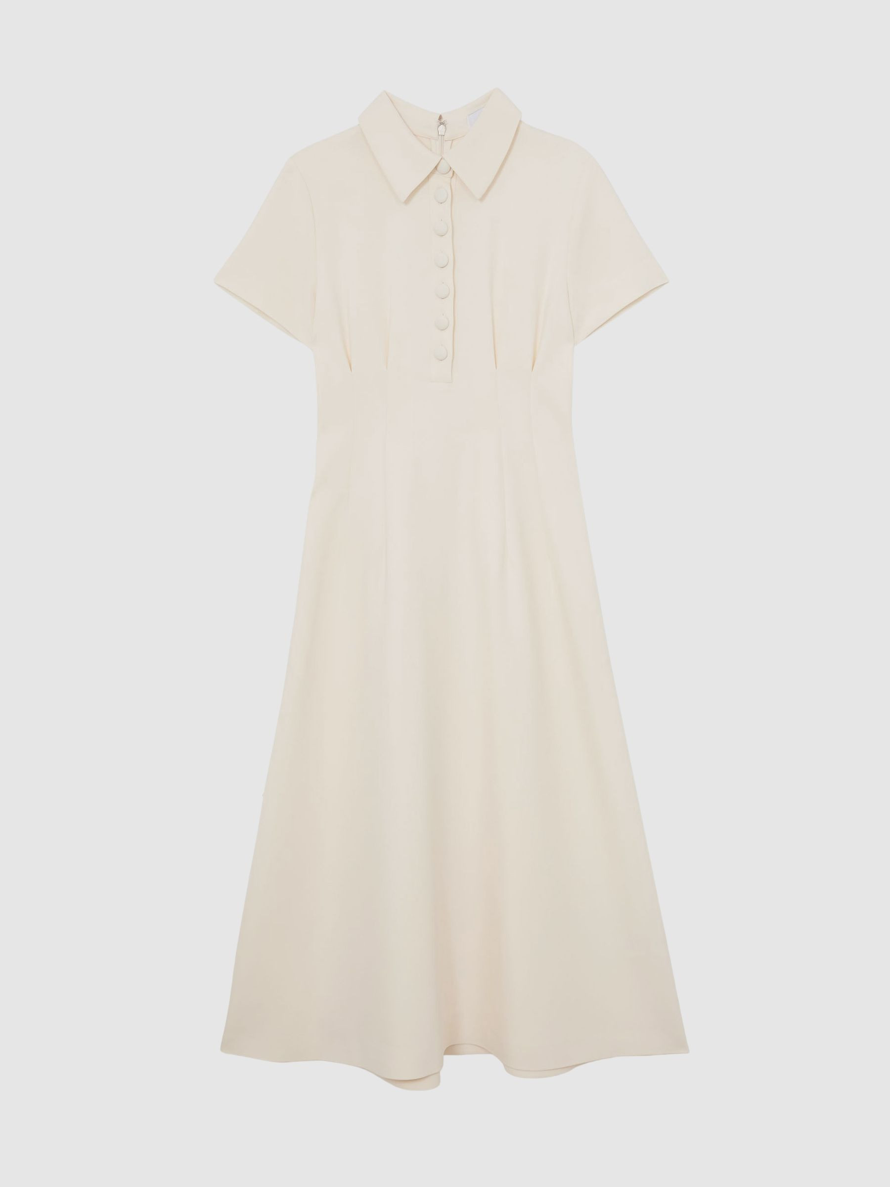 Reiss Petite Button-Neck Short-Sleeve Midi Dress in Cream - REISS | Reiss UK