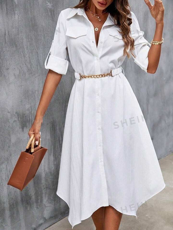 SHEIN Frenchy Flap Detail Asymmetrical Hem Belted Shirt Dress | SHEIN