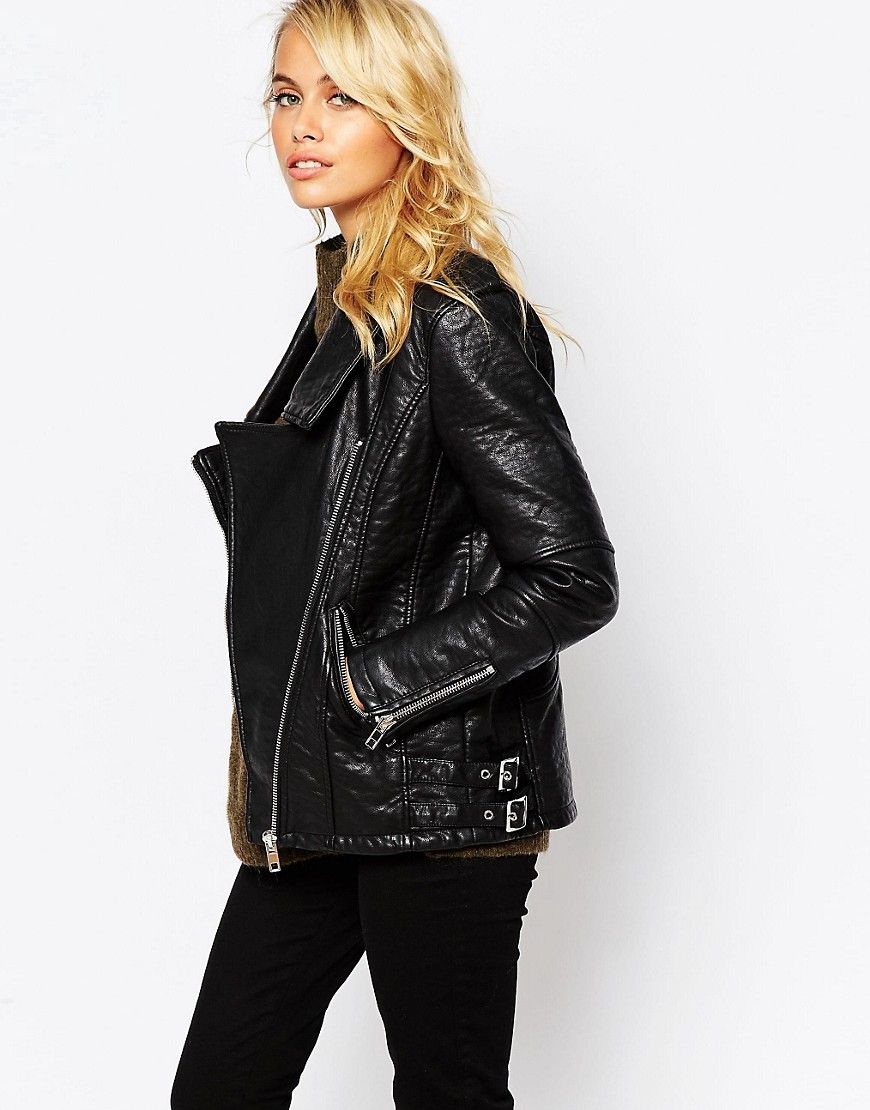 Urbancode Biker Jacket with Oversized Collar in Textured PU - Black | ASOS US