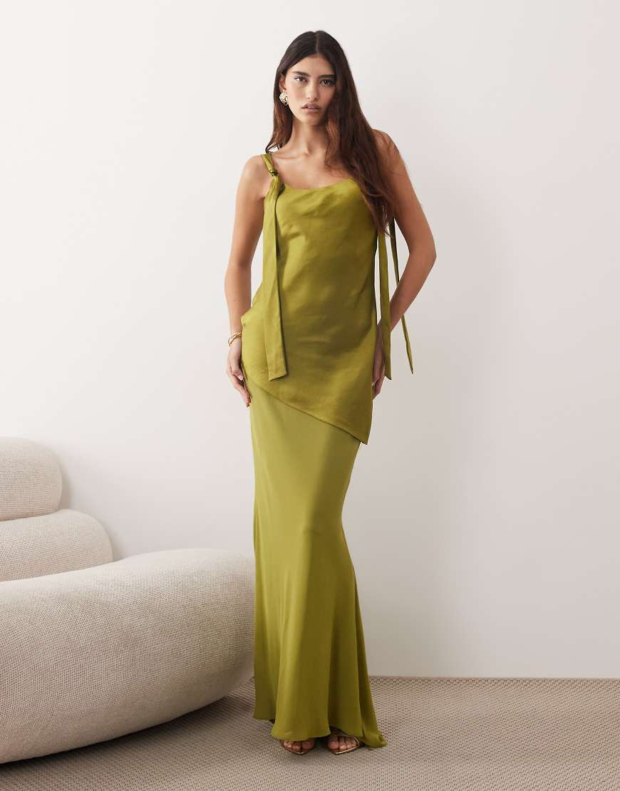 ARRANGE tie shoulder satin maxi dress in olive green | ASOS (Global)