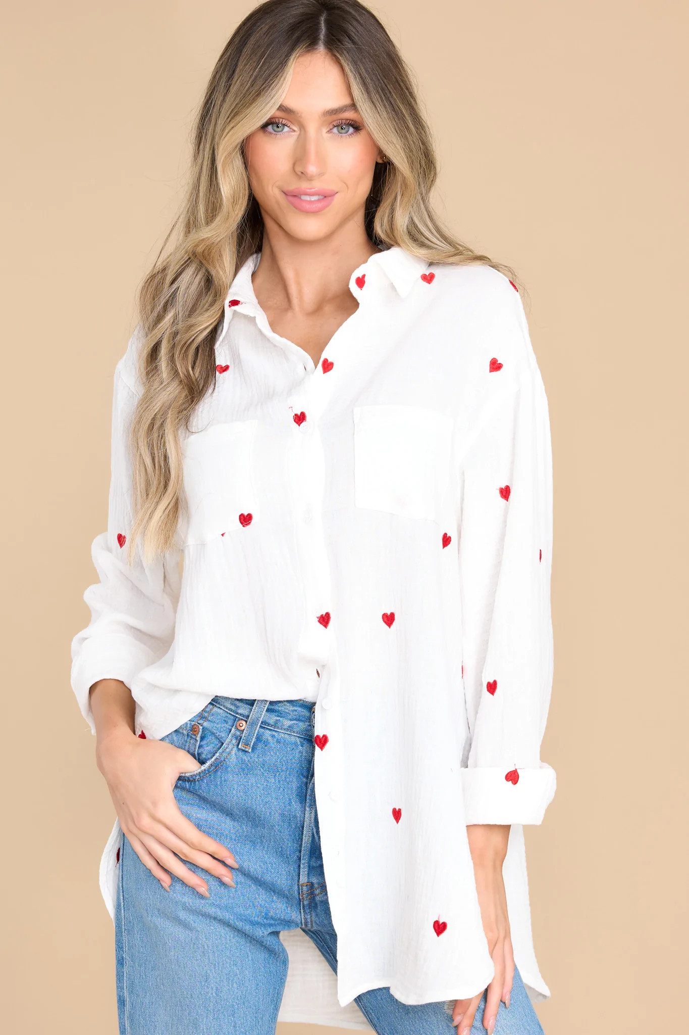 Raining Hearts Ivory Multi Print Top | Red Dress 