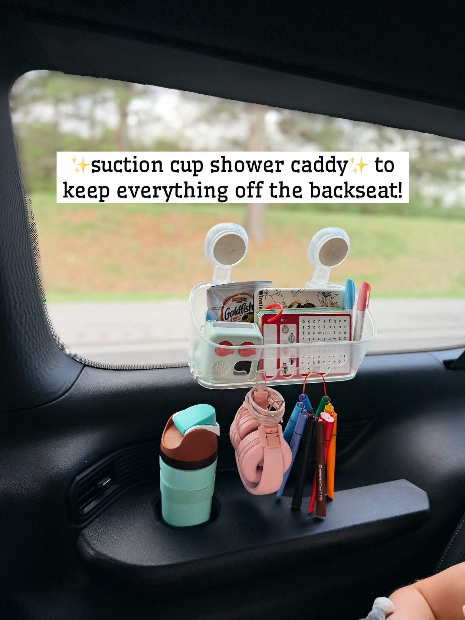 Suction cup shower caddy to keep everything off the backseat! 🤍

#LTKSeasonal #LTKTravel #LTKmomlife