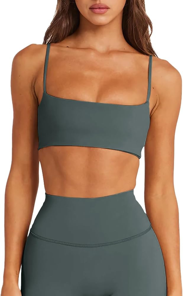 LASLULU Womens Adjustable Spaghetti Straps Sports Bra Square Neck Wireless Padded Workout Yoga Cr... | Amazon (US)
