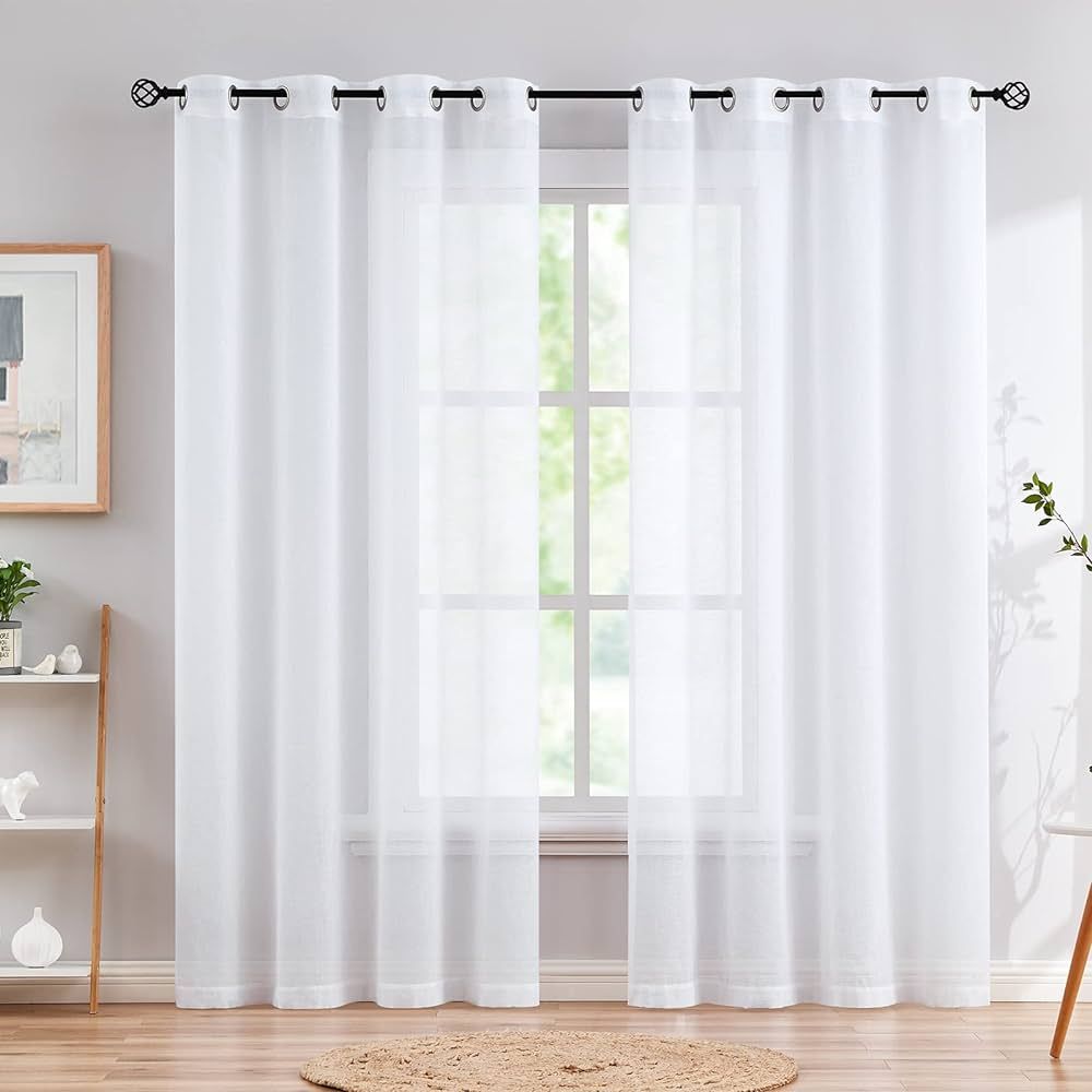 FMFUNCTEX Linen White Sheer Curtains for Living Room 84 inch Length Window Treatment Light Filter... | Amazon (US)