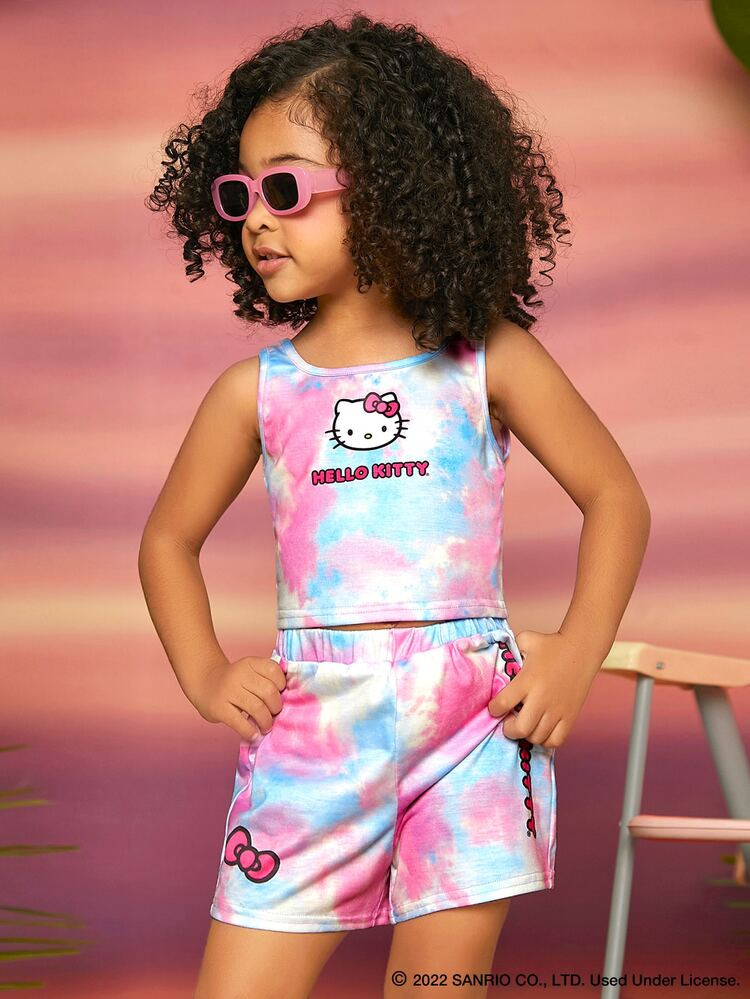 SHEIN X Hello Kitty and Friends Toddler Girls Tie Dye Letter & Cartoon Graphic Tank Top & Shorts | SHEIN