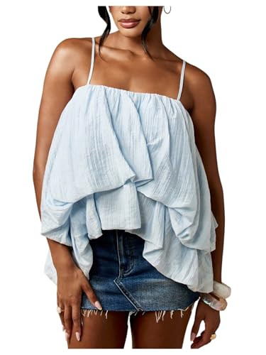 MakeMeChic Women's Bubble Hem Camisole Ruffle Layered Spaghetti Strap Cute Tops Blue Medium at Am... | Amazon (US)
