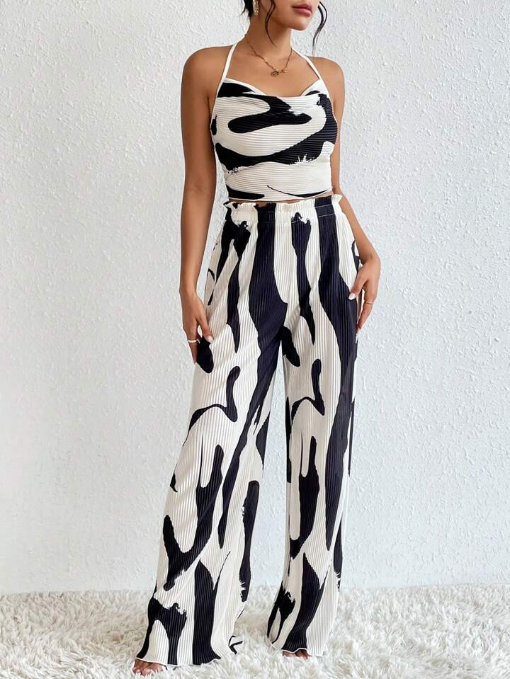 SHEIN Privé Allover Print Halter Top & Wide Leg Pants | SHEIN