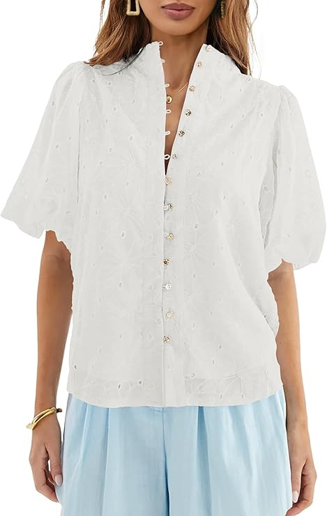 Lazysmile Summer Boho Tops for Women Short Sleeve V Neck Button Down Hollow Out Lace Embroidered ... | Amazon (US)