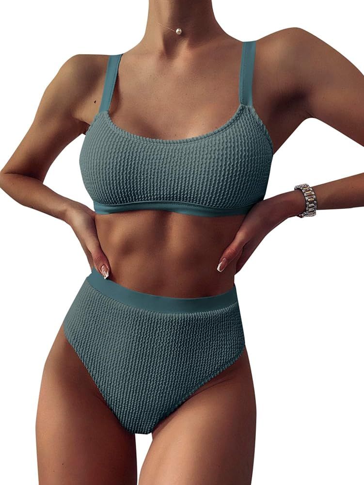 Verdusa Women's Textured High Waisted Swimwear Bikini Set Bathing Suit | Amazon (US)