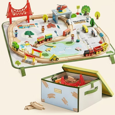Tiny Land® 110 Pieces Wooden Train Set with Folding Storage Box | Target