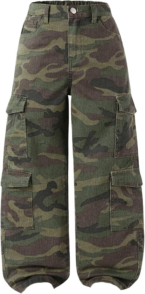 Verdusa Girl's Y2K Camo Cargo Pants Loose Straight Leg Denim Pants with Pockets | Amazon (US)