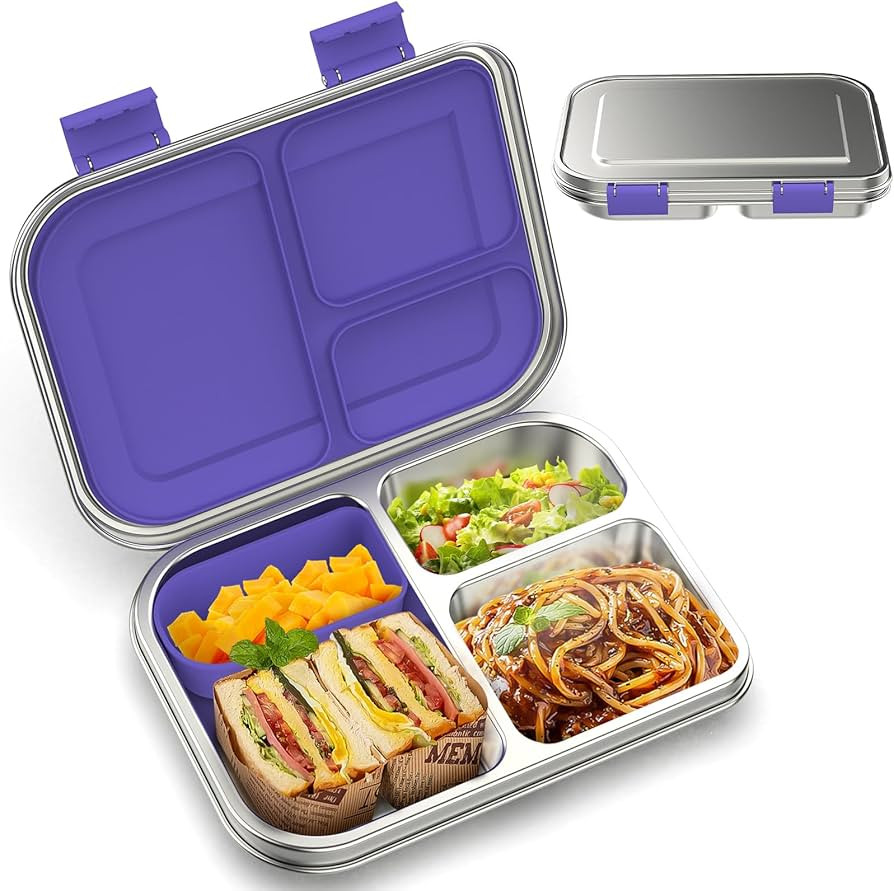 Stainless Steel Kids Leak-Resistant Bento Lunch Box, 3-Compartments with Silicone Container, Dish... | Amazon (US)