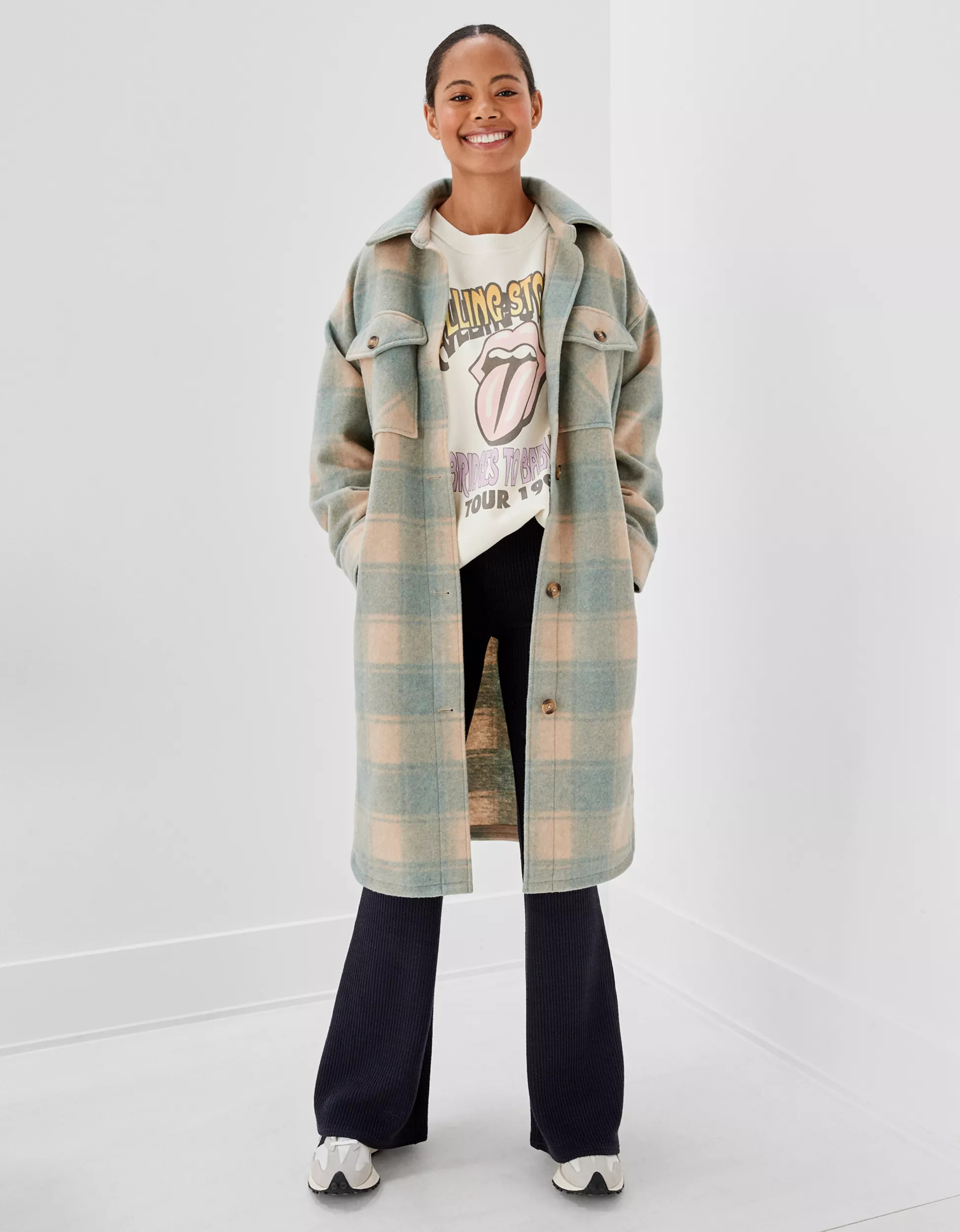 AE Plaid Faux Wool Long Shacket | American Eagle Outfitters (US & CA)