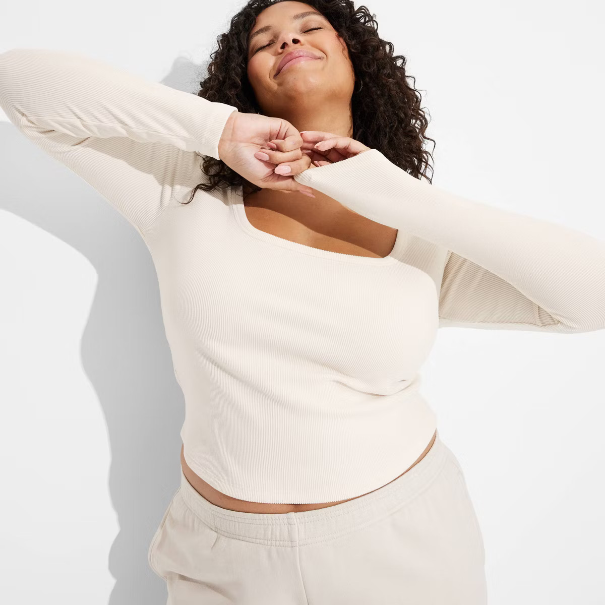 Women's Long Sleeve Square Neck Ribbed Shirt - Wild Fable™ Off-White 3X | Target