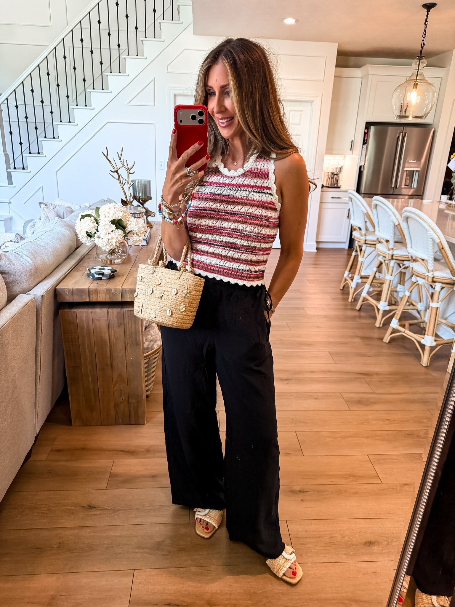 This crochet tank is such a good mix of playful and polished. The textured knit, pretty stripe detail, and scalloped edges make it feel special, while the black linen pants keep it easy and wearable for everyday.

crochet tank, striped knit top, linen pants, summer outfit, vacation style, resort wear, casual chic, woven handbag, elevated basics, warm weather outfit, effortless fashion, affordable style, TheMomInStyle

#LTKOver40 #LTKSeasonal #LTKootd