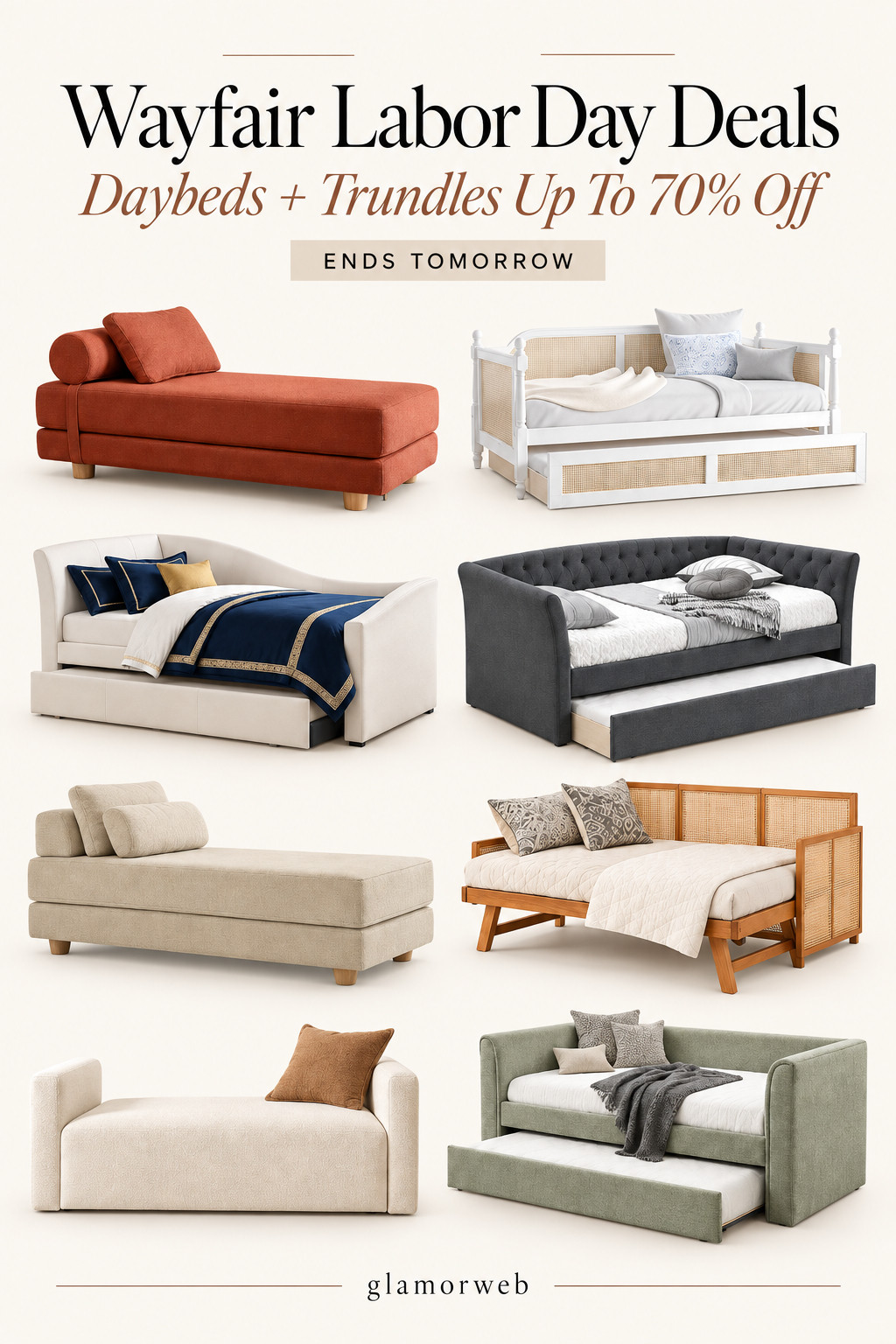 Last chance for these Wayfair Labor Day deals 💫 If a daybed with trundle has been on your wishlist, now is the best time to grab one. They’re such a great solution for adding extra sleeping space while keeping your room looking clean and stylish. So many pretty options are up to 70% off, and the sale ends tomorrow!

#Wayfair #WayfairDeals #WayfairFinds #LaborDayDeals #LaborDaySale #Daybed #DaybedWithTrundle #TrundleBed #BedroomFinds #BedroomRefresh #GuestRoomIdeas #GuestBedroomDecor #SmallBedroomDecor #KidsRoomIdeas #HomeDeals #FurnitureDeals #StylishHome #AffordableHome #SaleEndsTomorrow #LastChance 

 #LTKSeasonal #LTKHome #LTKSaleAlert