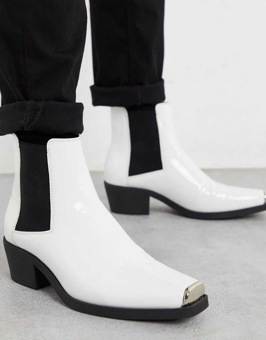 ASOS DESIGN stacked heel western chelsea boots in white patent with metal hardware | ASOS (Global)