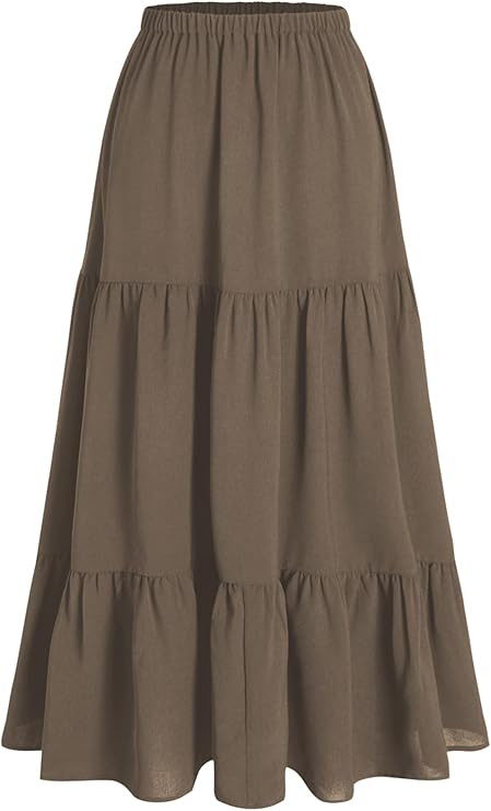 CIDER Solid Elastic Waist Ruffle Hem Tiered Midi Skirt | Amazon (US)