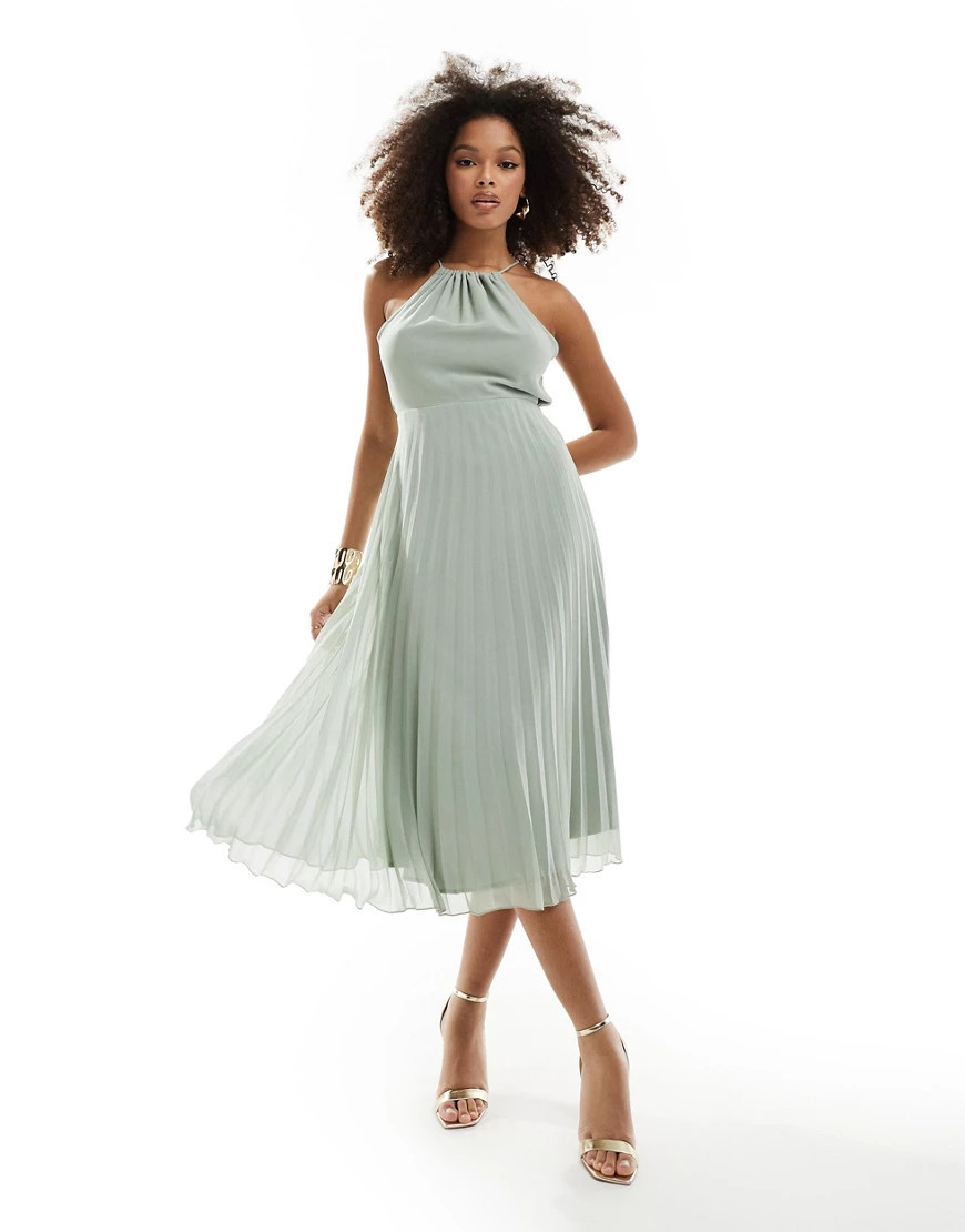 ASOS DESIGN pleated chiffon midi dress with halter neck in sage green | ASOS (Global)