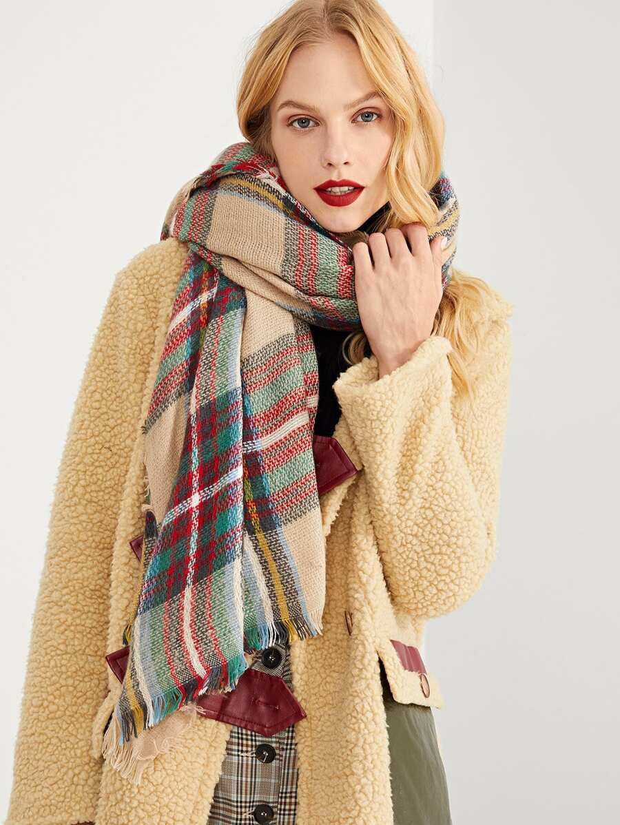 Frayed Trim Plaid Scarf | SHEIN