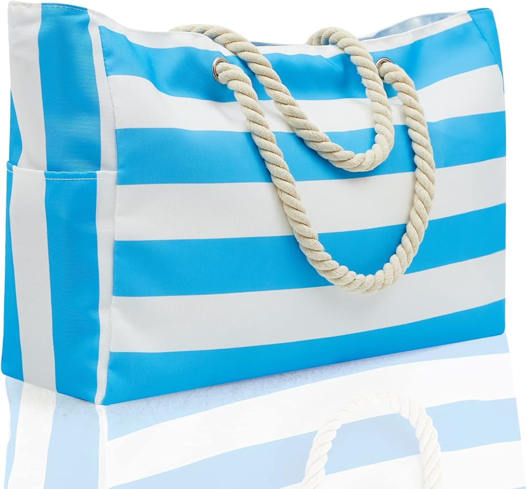 CYMULA Beach Bag Large Waterproof Sandproof Foldable Women Beach Tote Bag Handbag with Zipper Pocket | Amazon (US)