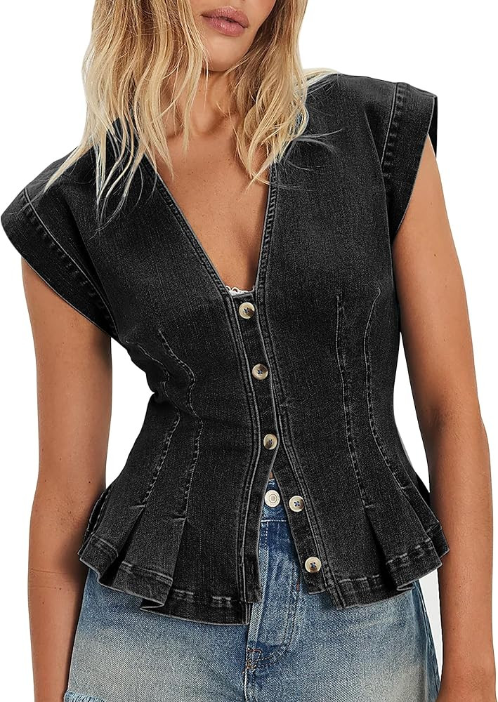 Women's Denim Vest Trendy 2026 Cap Sleeve Deep V Neck Button Down Jean Vest Tops for Women Summer... | Amazon (US)