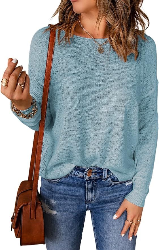 Acelitt Womens Casual Lightweight Long Sleeve Crewneck Drop Shoulder Knit Shirts Tops, S-XXL | Amazon (US)