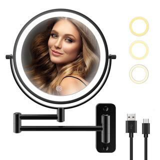 Round Led Metal Wall Mirror 10x Magnification Makeup Mirror in Black | The Home Depot