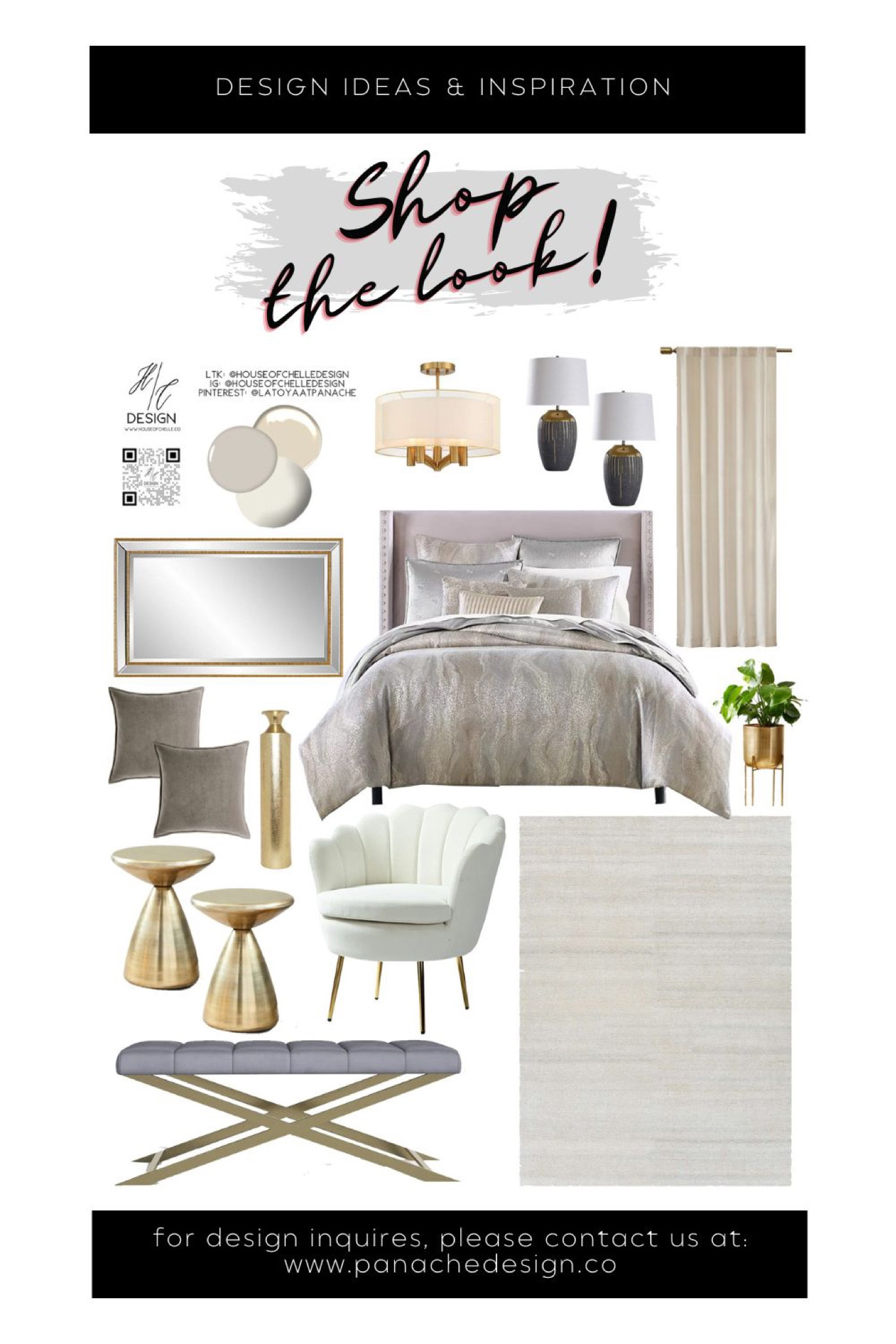 Champagne and Ivory Modern Bedroom Decor | bedroom home decor | bedroom moodboard | bedroom concept board | bed, nightstand, bed bench, rug, side tables, side chair, nightstand lamps, table lamps, chandelier, ceiling light, floor lamp, faux plants, vases, mirror, artwork, pillows, bedding, curtains, window treatments, candle holders, modern home, modern home decor, glam home.#moodboard

#LTKhome #LTKfamily #LTKstyletip