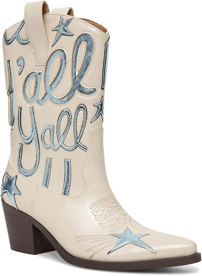 Metallic Cowboy boots for Women Mid Calf Low Heel Pointed Toe Womens Cowgirl Boots Fashion Embroi... | Amazon (US)