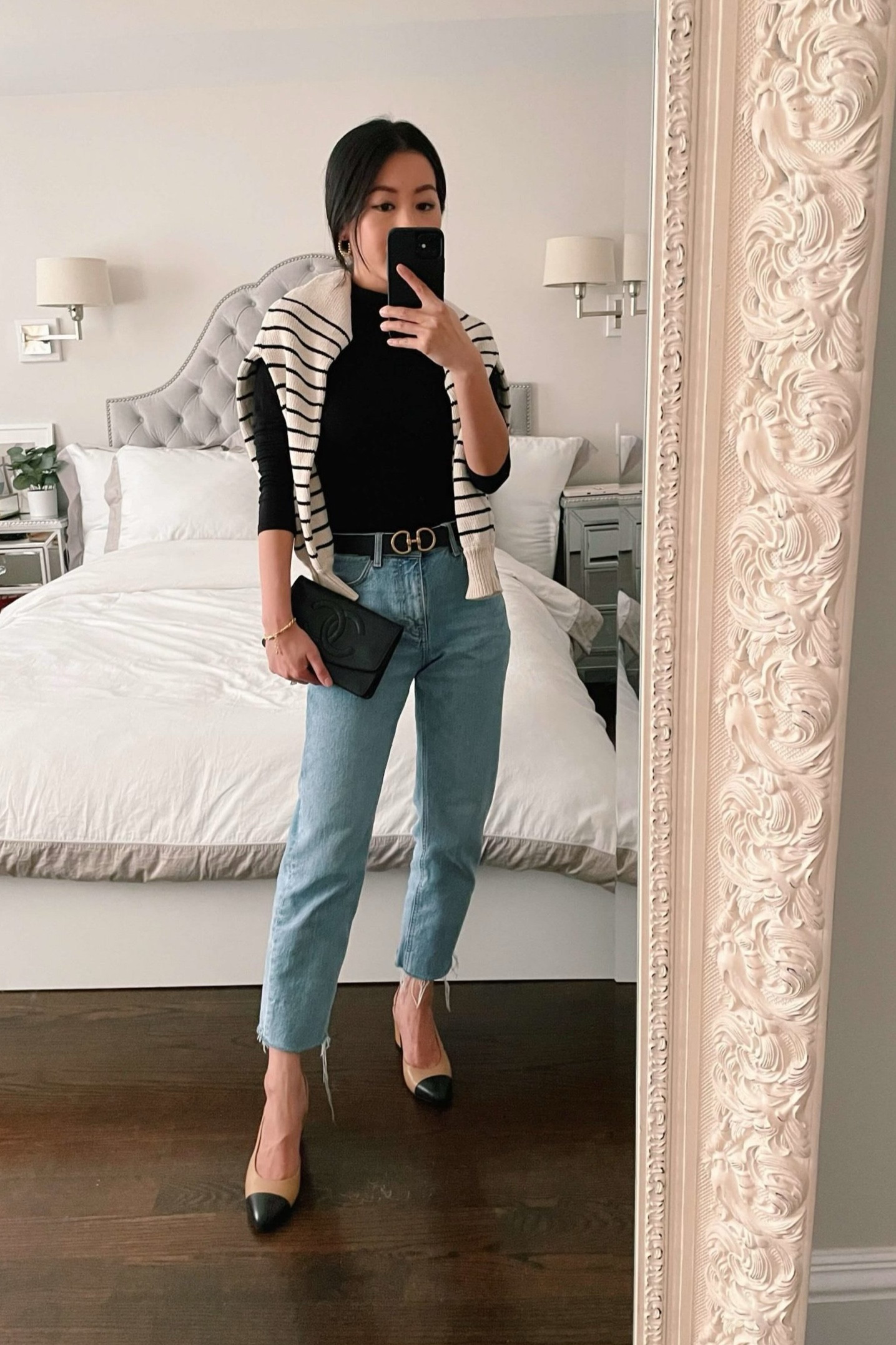 casual jeans & mockneck top // polished yet laidback outfit 

•Sezane sweater xxs
•Topshop straight jeans 25. Abercrombie high rise straight jeans in light wash is a great alternative that is well stocked. fits similar in 24 short except with a finished hem 
•similar mockneck linked
•Edited Pieces sling backs (a few sizes left at EditedPieces.com, similar linked)
•Edited Pieces belt xxs and bracelet (avail on EditedPieces.com)
•Chanel WOC

#petite

#LTKSeasonal #LTKstyletip