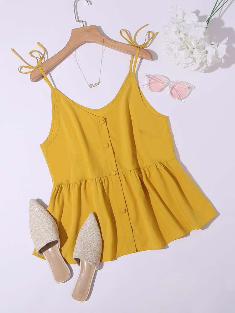 Plus Covered Button Tie Shoulder Peplum Cami Top | SHEIN