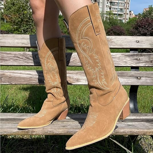 Vimisaoi Mid Calf Boots for Women, Pull On Pointed Toe Block Chunky Heel Floral Embroidered Weste... | Amazon (US)