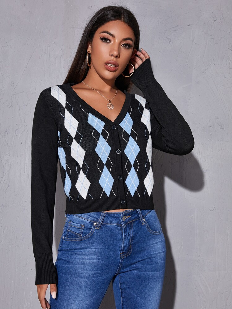 SHEIN V-neck Argyle Pattern Cardigan | SHEIN