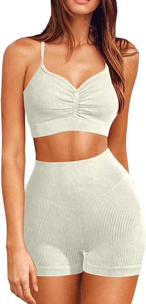 Women Workout Sets 2 Piece Seamless Ribbed Ruched Back High Waist Booty Shorts Sweetheart Neckline S | Amazon (US)