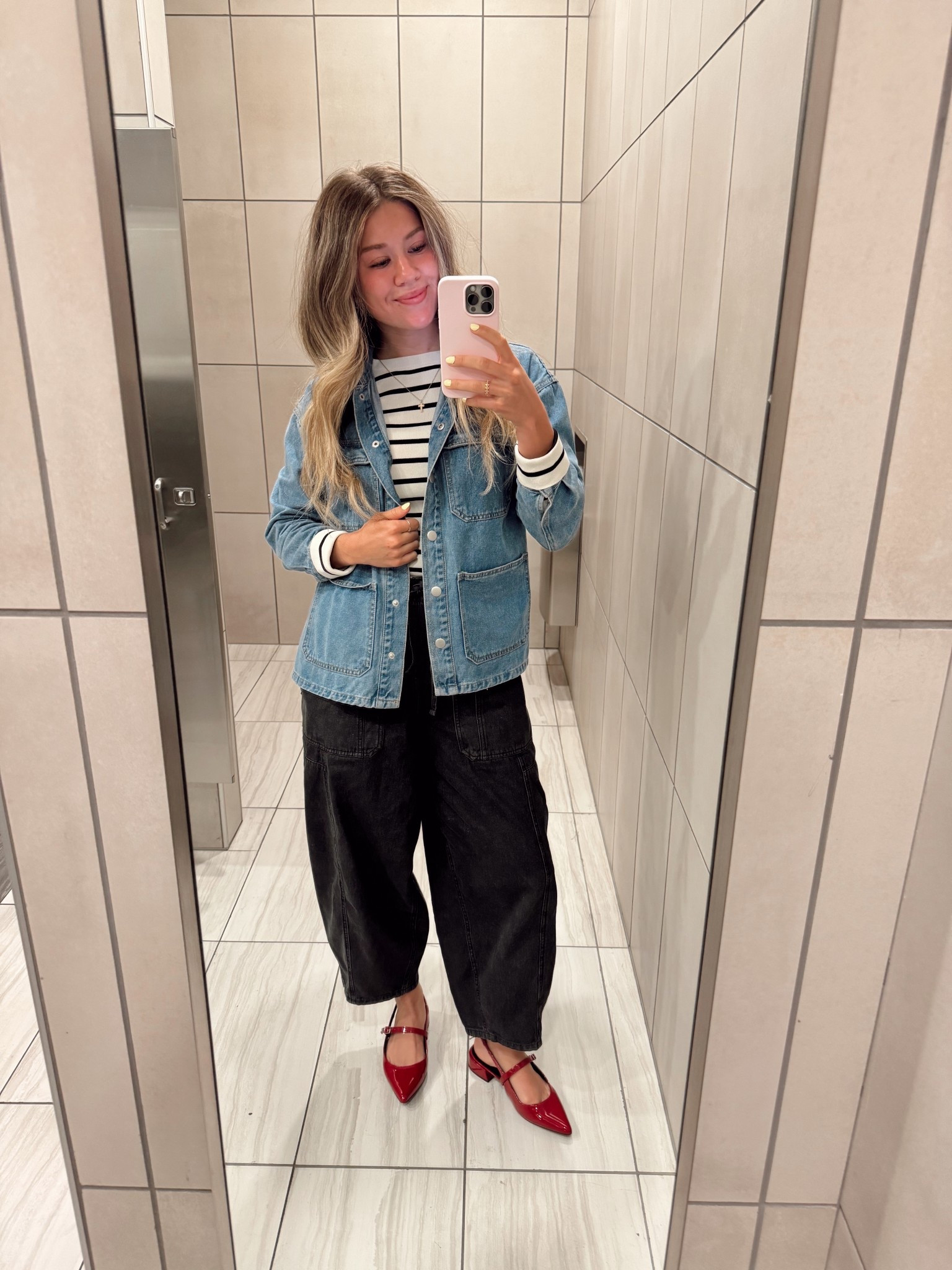 winter to spring transitional office outfit inspiration | red flats | denim jacket | barrel jean pants

*denim jacket is from TJMAXX