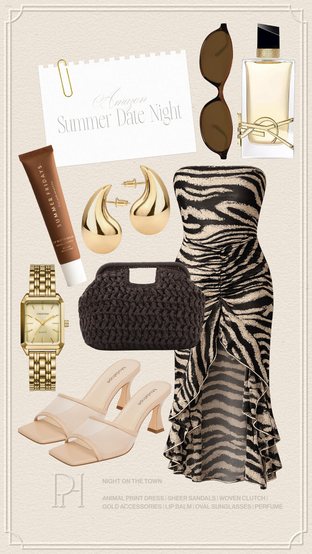 Amazon summer style finds I'm loving for a date night look!

summer fashion, summer looks, summer outfit, date night dress, animal print dress, neutral outfit, sheer sandals, kitten heel sandals, neutral sandals, brown handbag, clutch, summer handbag, gold watch, teardrop earrings, gold earrings, oval sunglasses, brown sunglasses, perfume, women's fragrance, lip balm, lip gloss, gold accessories, midi dress, strapless dress, night out look 

 #LTKgrwm #LTKootd #LTKTall