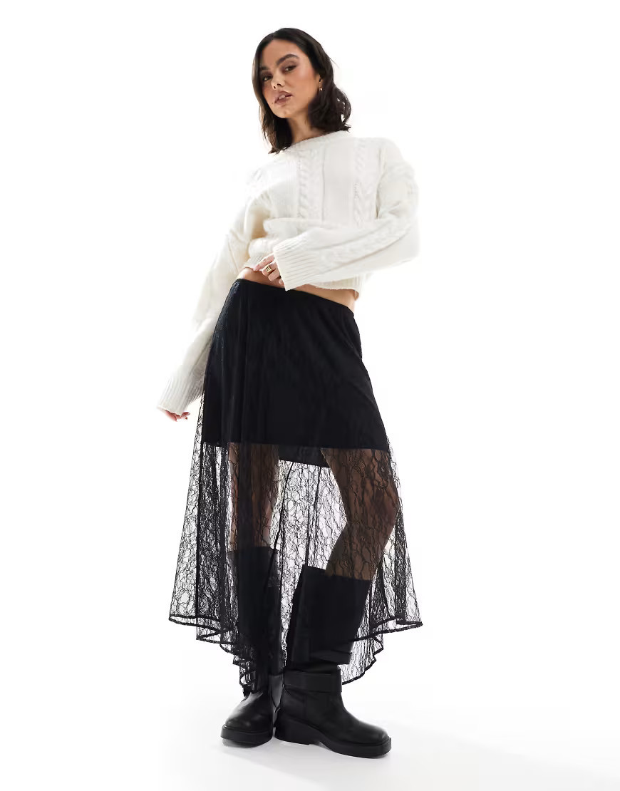 ASOS DESIGN asymmetric lace overlay midi skirt in black | ASOS (Global)