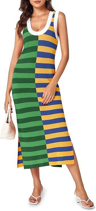 Wenrine Womens Summer Striped Dress Sleeveless Knitted Contrast Color Side Slit Casual Maxi Beach... | Amazon (US)