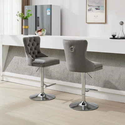 Thick Chrome Swivel Velvet Barstools,Adjustable Height,Tufted Buttons&Diamond Pleating,Sponge&Spring Seat,For Home Pub&Kitchen Island(Set Of 2) | Wayfair North America