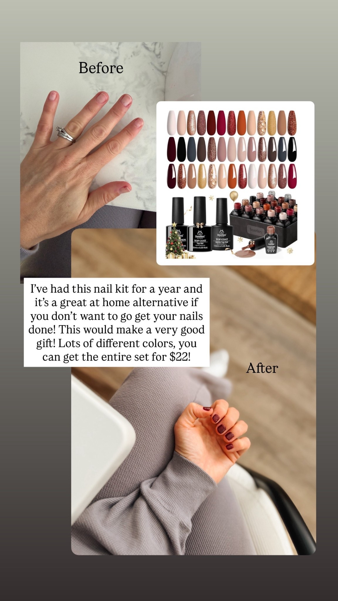 Super good gift this nail kit and UV kit linked as well!! personally I don’t have the time or money to go get my nails done all the time… especially the patience! This nail kit is not as good as getting them done but it sure does the job well IMO

#LTKselfcare #LTKGiftGuide #LTKmomlife